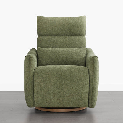 Green Janice Power Swivel Nursery Glider Recliner, modern furniture with power headrest and swivel base.