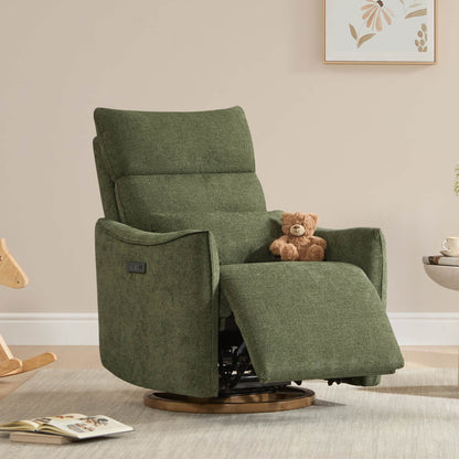 Green Janice Power Swivel Nursery Glider Recliner with teddy bear, modern nursery furniture