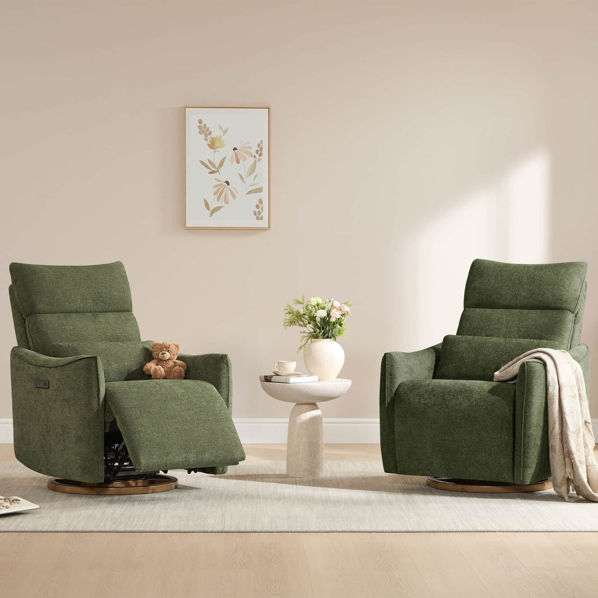 Green Janice Power Swivel Nursery Glider Recliners with teddy bear, modern nursery furniture