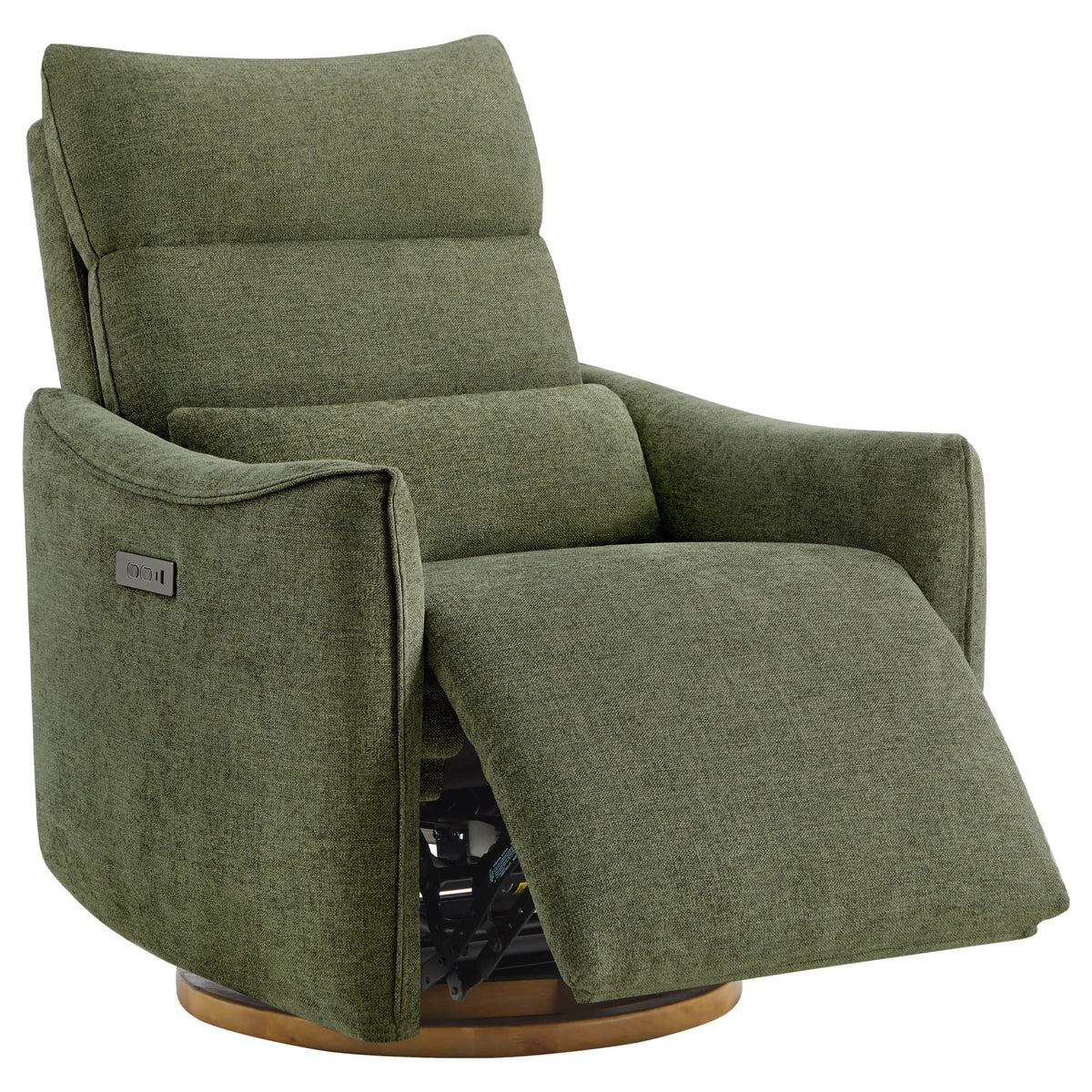 Green Janice Power Swivel Nursery Glider Recliner with power headrest and footrest extended, modern furniture