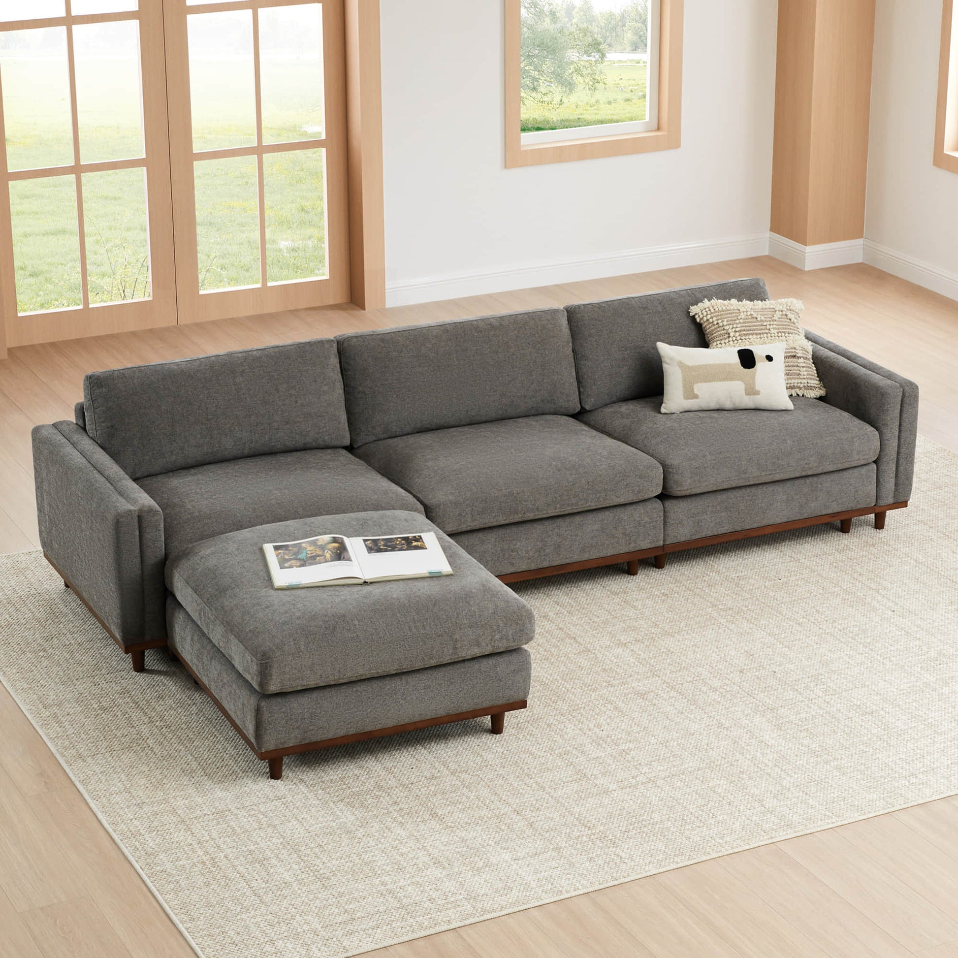 Liam 4-Piece Overstuffed Sectional Sofa in soft gray fabric with chaise in bright room - CHITA Living