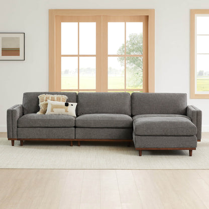 Liam 4-Piece Overstuffed Sectional Sofa in modern gray fabric with wooden legs - CHITA Living