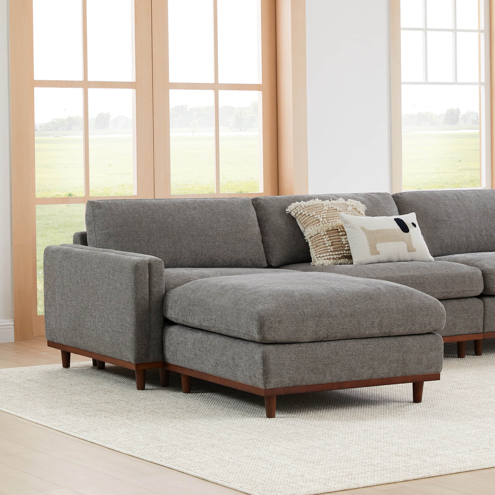 Liam 4-Piece Overstuffed Sectional Sofa in soft gray fabric with chaise in modern living room - CHITA Living