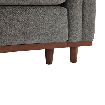 Close-up of Liam 5-Piece Overstuffed Sectional gray fabric corner piece with wooden base - CHITA Living