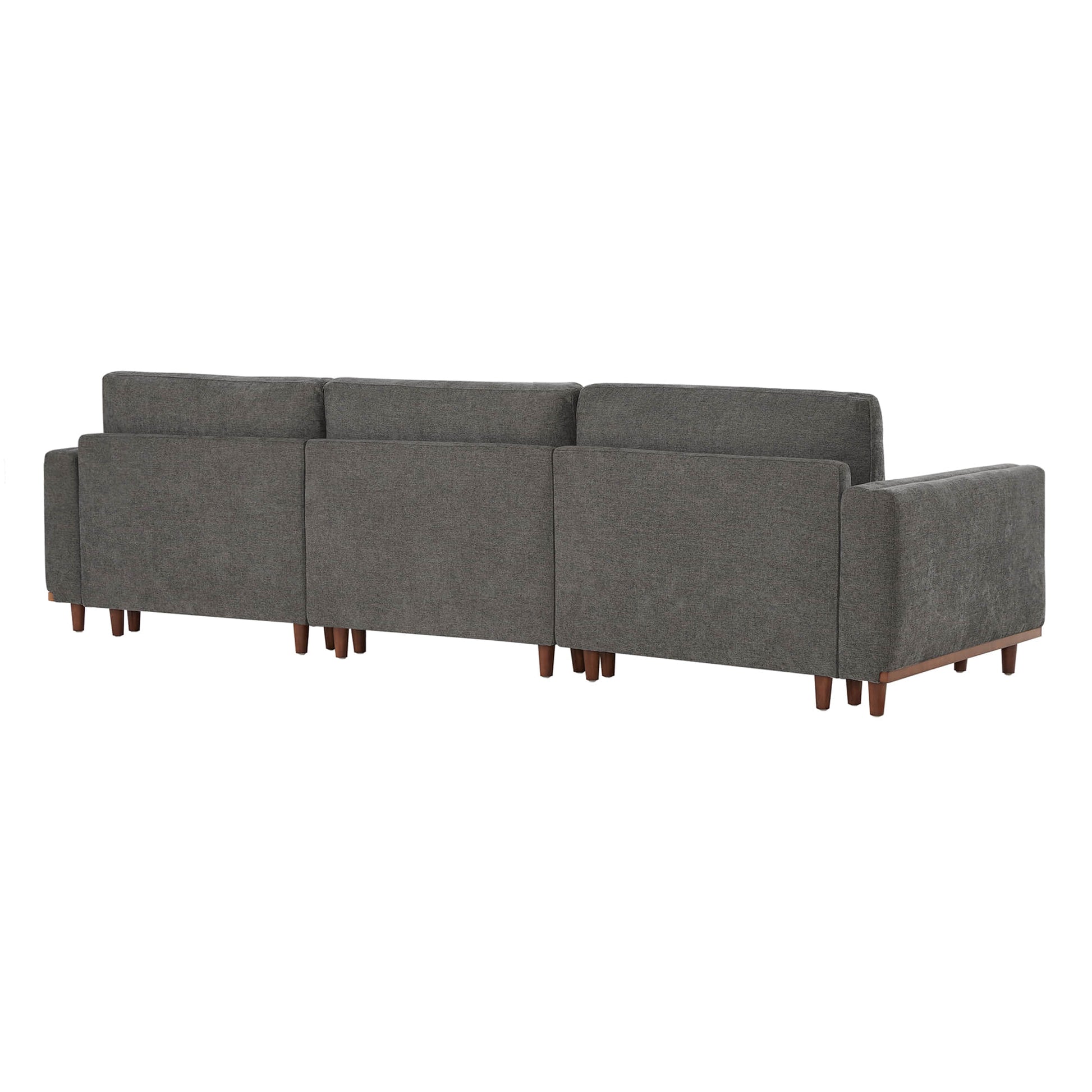 Back view of Liam 3-Piece Overstuffed Modular Sofa showcasing soft gray fabric and wood base - CHITA Living