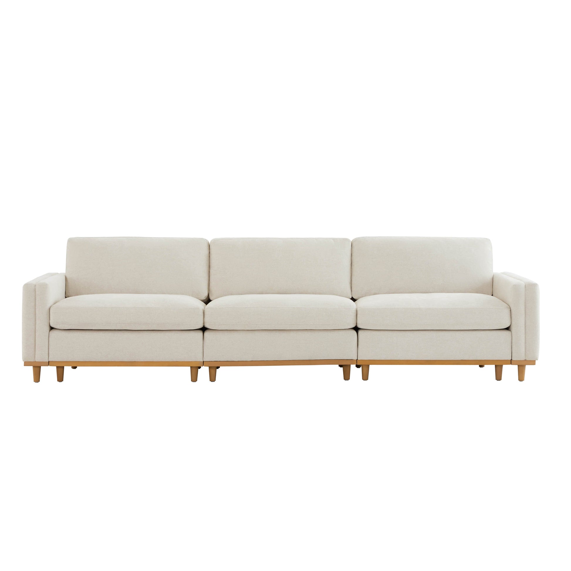 Liam 3-Piece Overstuffed Sofa with beige cushions and wooden base in bright room - CHITA Living