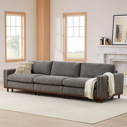 Liam 3-Piece Overstuffed Modular Sofa in modern gray fabric with wood base in bright room - CHITA Living