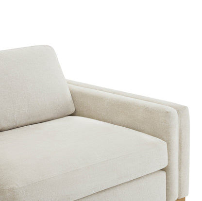 Close-up of Liam sofa cushion and solid wood base in neutral tones - CHITA Living