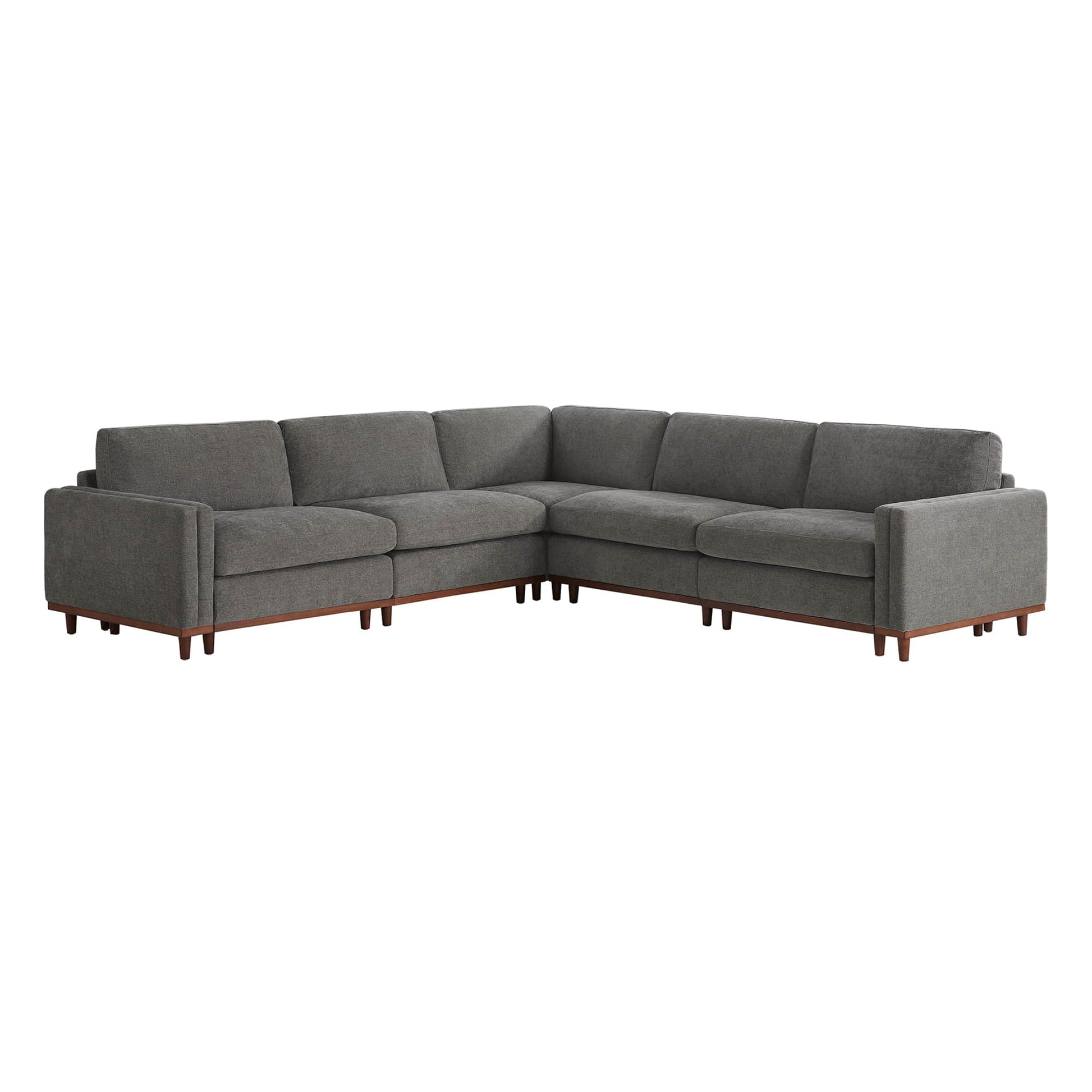 Liam 5-Piece Overstuffed Sectional in gray fabric and wood base in modern living room - CHITA Living