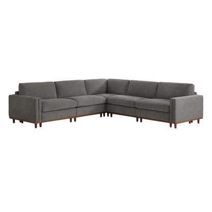 Liam 5-Piece Overstuffed Sectional in gray fabric and wood base in modern living room - CHITA Living