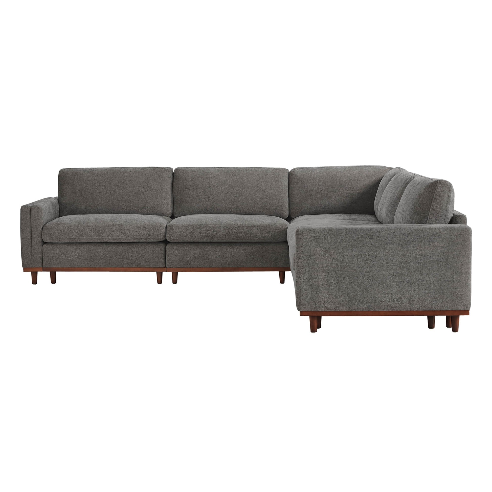 Liam 5-Piece Overstuffed Sectional in gray fabric with wooden base in a modern living room - CHITA Living