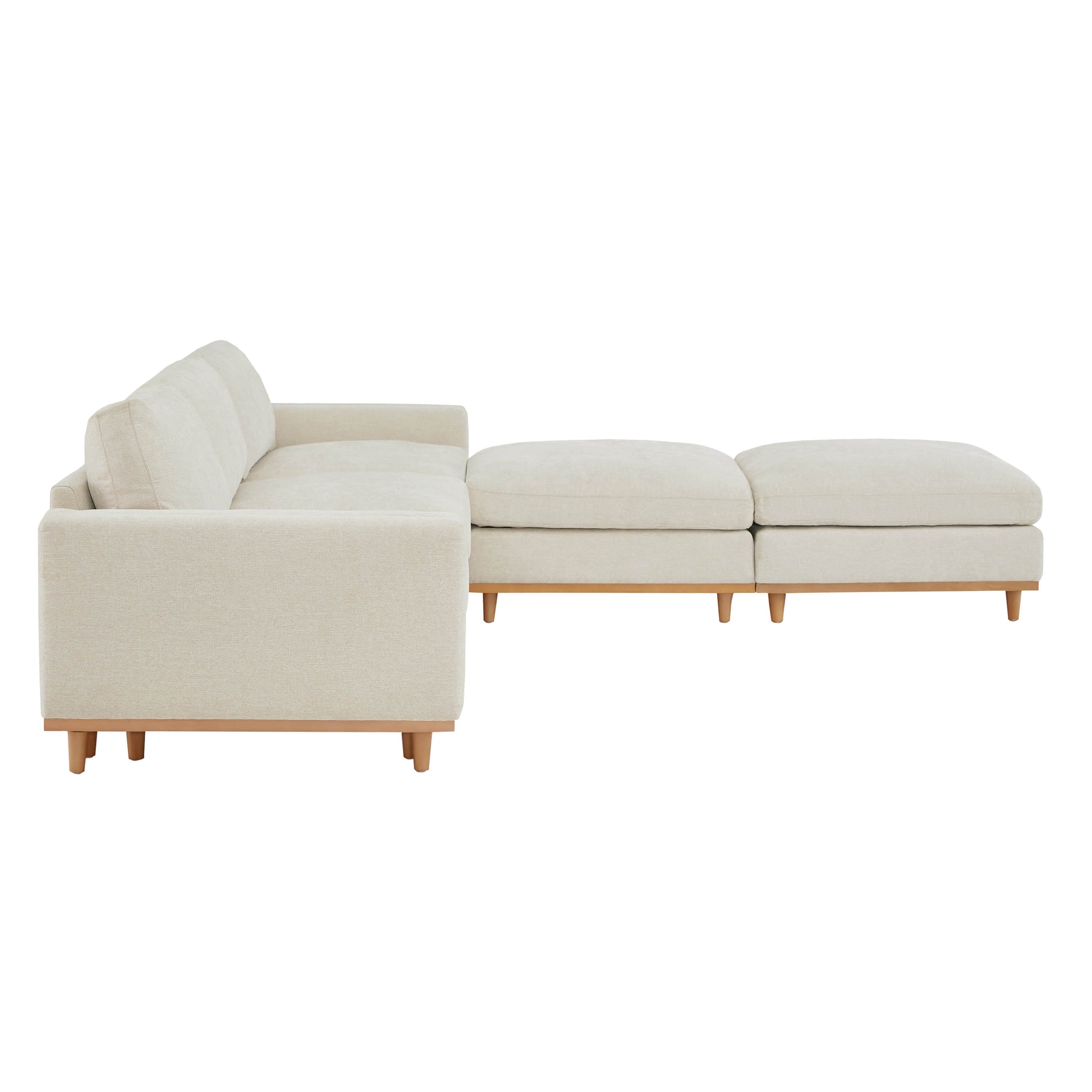 Liam 5-Piece Overstuffed Sectional sofa in light fabric and wood base against bright backdrop - CHITA Living
