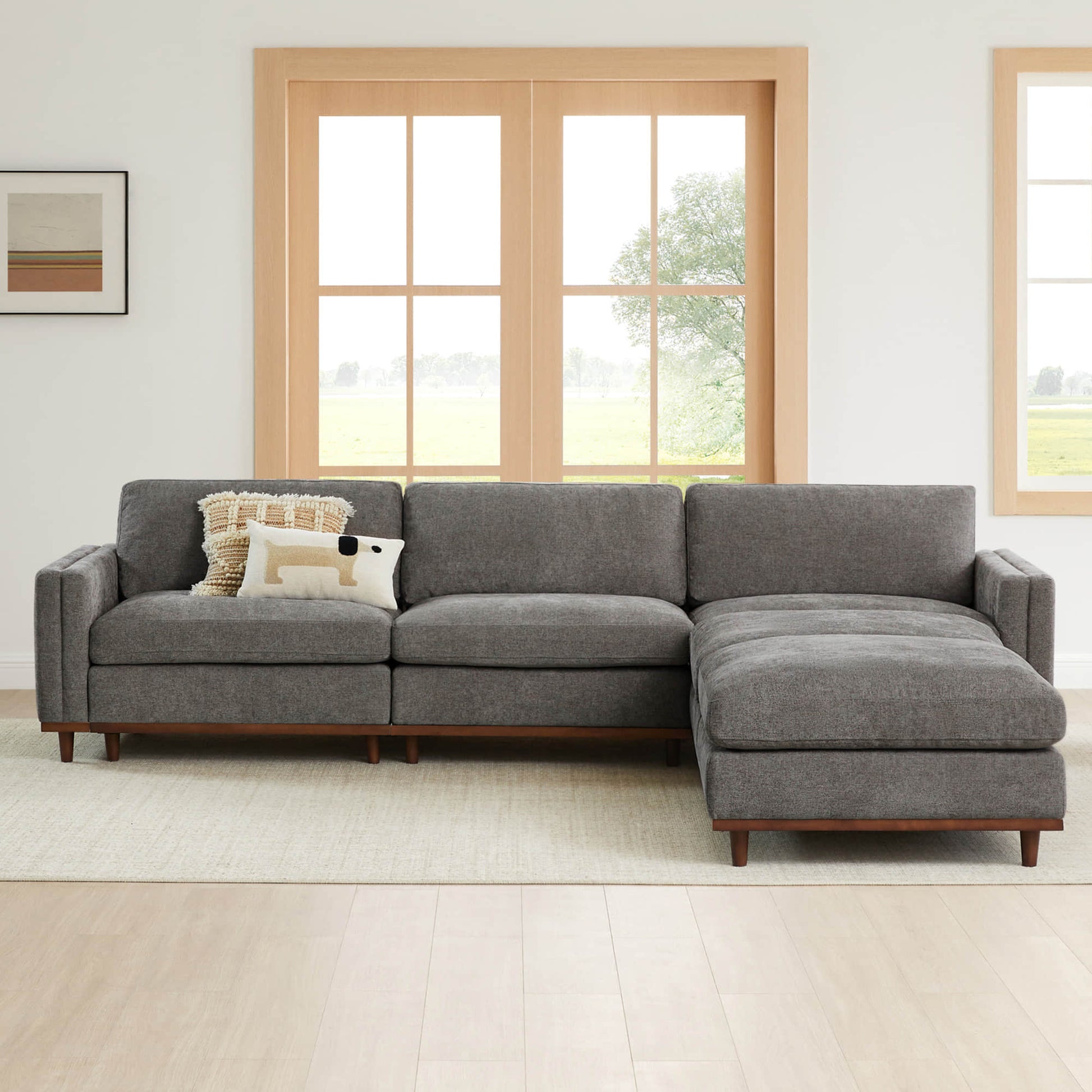 Liam 5-Piece Overstuffed Sectional in gray fabric with chaise in modern living room - CHITA Living