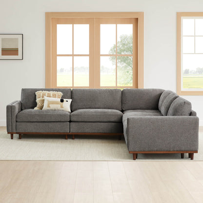 Liam 5-Piece Overstuffed Sectional in gray fabric with wooden base in bright living room - CHITA Living