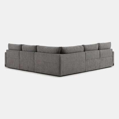 Corner view of Ohana 5-seat modular sofa in grey with plush cushions - CHITA Living