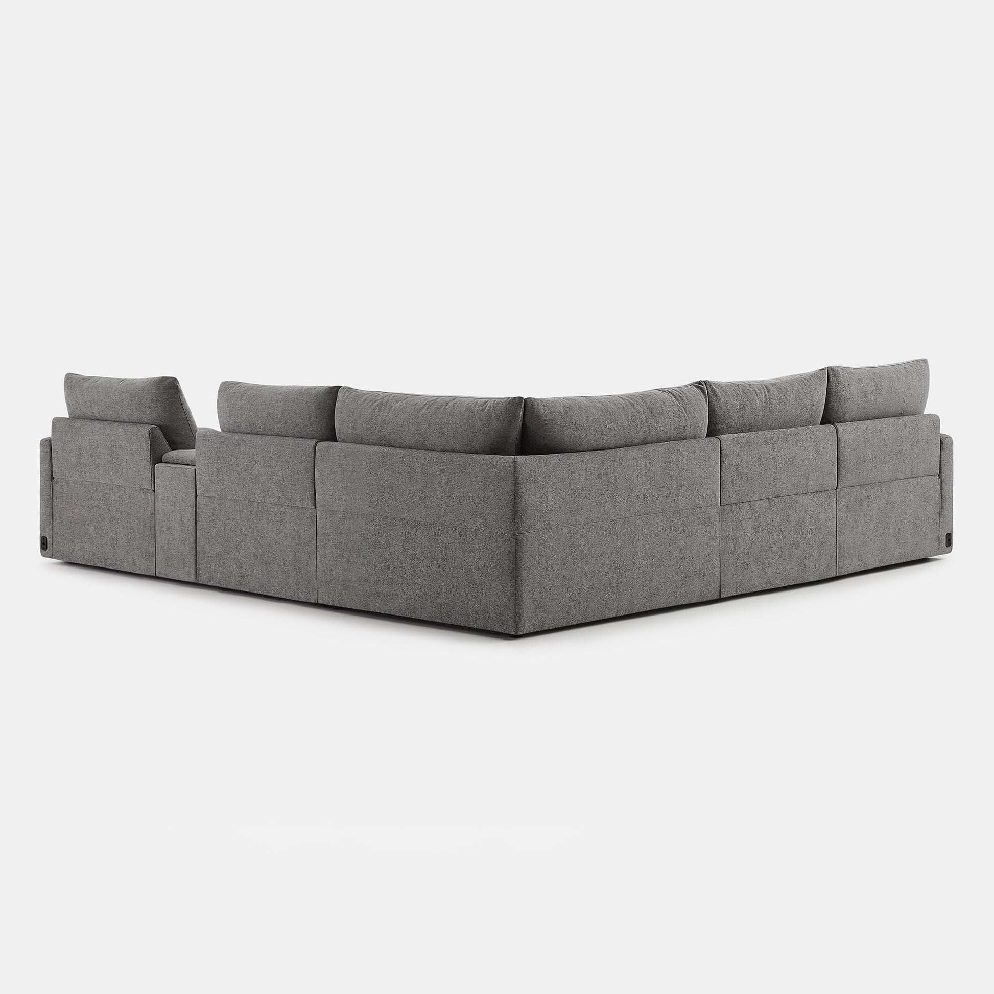 Corner view of Ohana 5-seat motion modular sofa in soft grey with plush cushions - CHITA Living