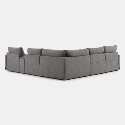Corner view of Ohana 5-seat motion modular sofa in soft grey with plush cushions - CHITA Living