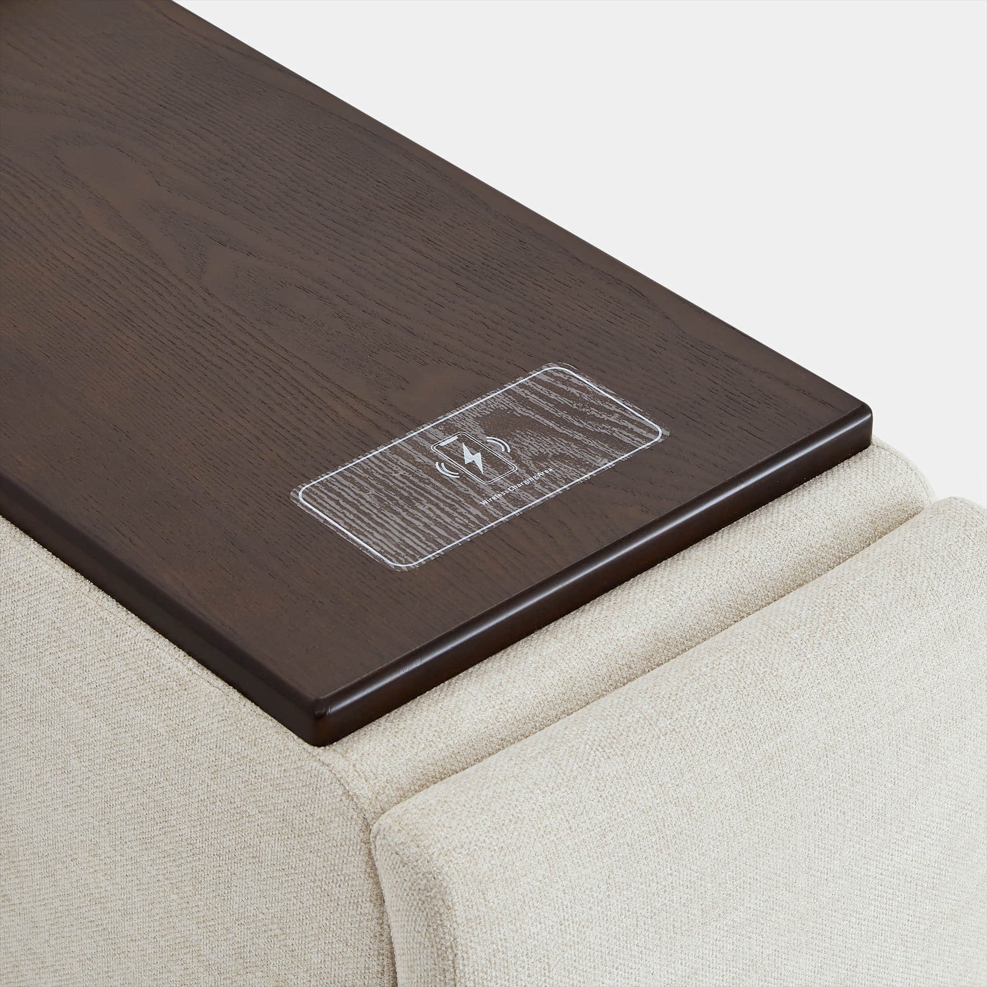 Dark wooden console on Ohana modular sofa with embedded USB charging ports - CHITA Living