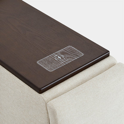Dark wooden console on Ohana modular sofa with embedded USB charging ports - CHITA Living