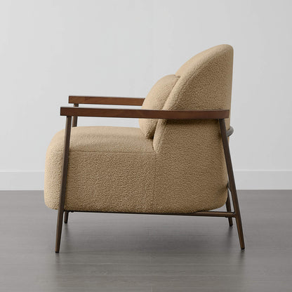 Side view of Teddi Accent Chair in beige fabric with wooden armrests, modern design - CHITA Living
