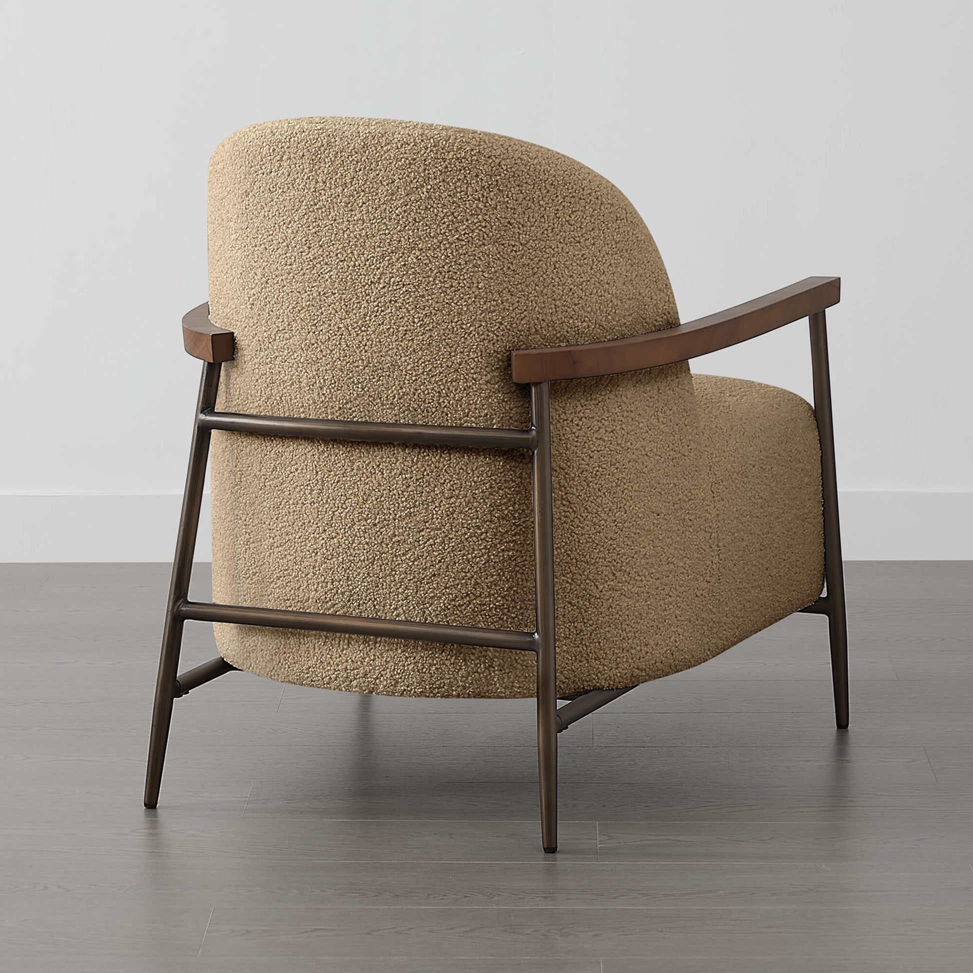 Teddi Accent Chair in beige textured fabric with wooden armrest from a rear angle - CHITA Living