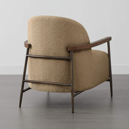 Teddi Accent Chair in beige textured fabric with wooden armrest from a rear angle - CHITA Living
