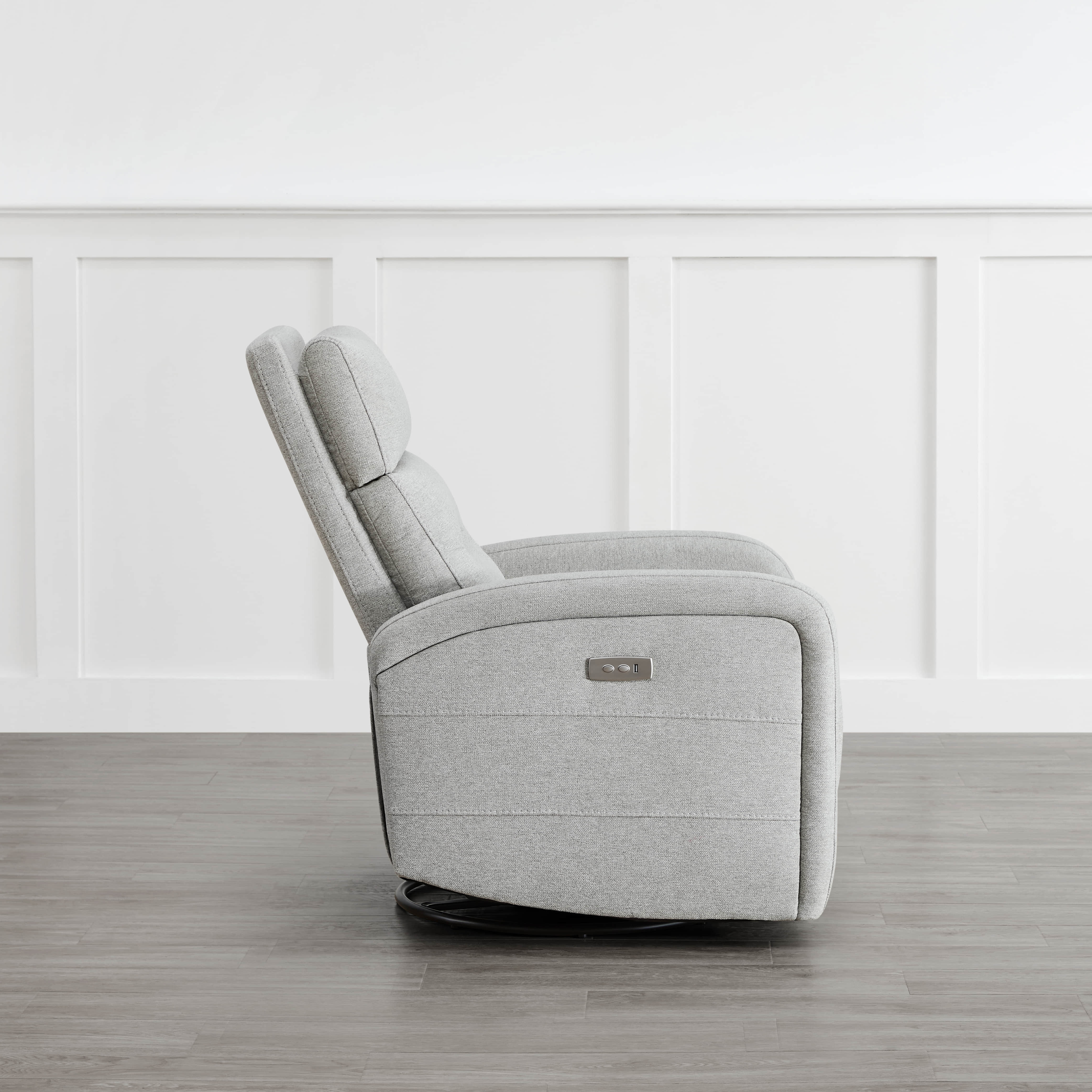 Side view of light gray Theo Power Swivel Glider Recliner with reclining feature - CHITA Living