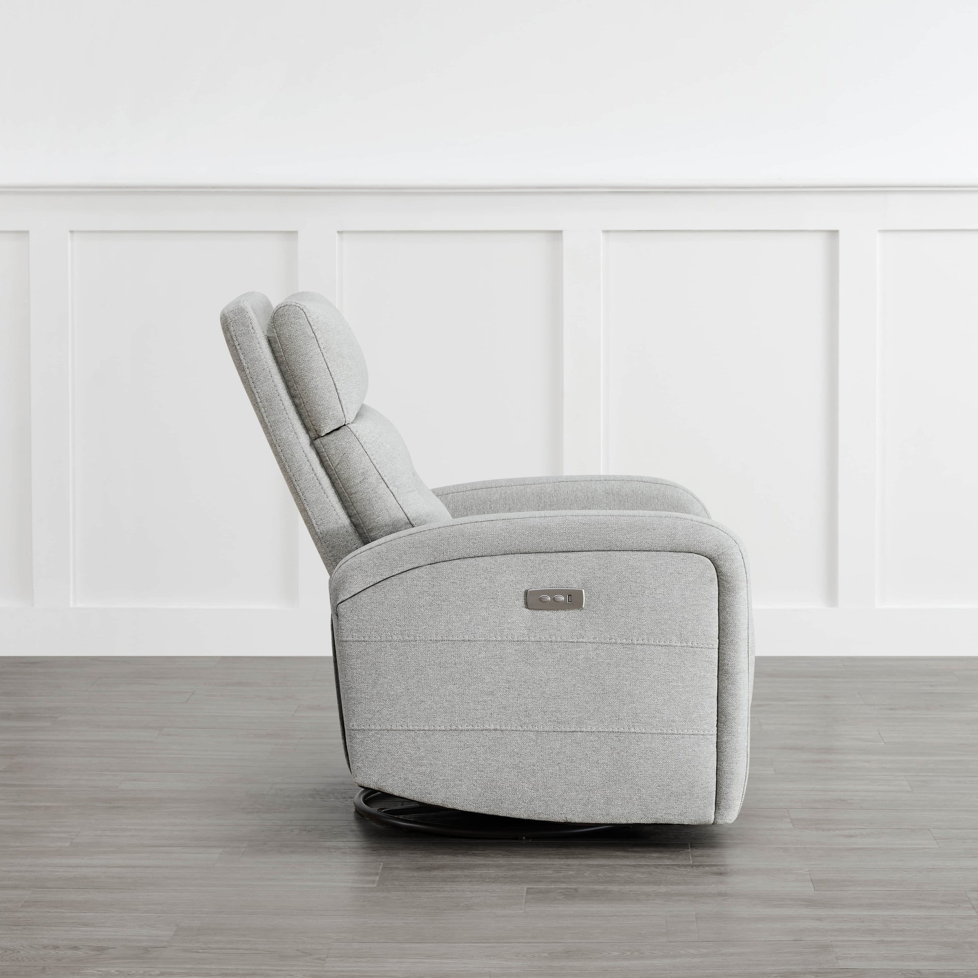 Side view of light gray Theo Power Swivel Glider Recliner with reclining feature - CHITA Living