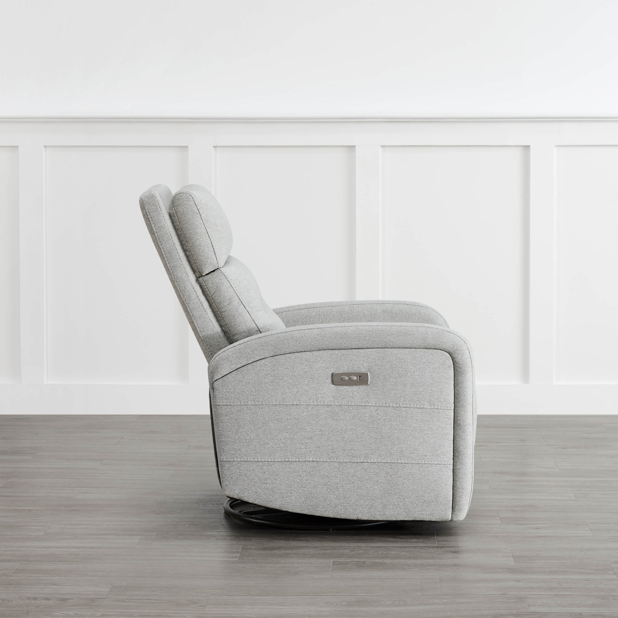 Side view of light gray Theo Power Swivel Glider Recliner with reclining feature - CHITA Living