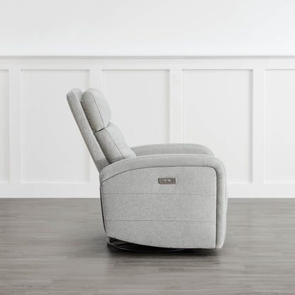 Side view of light gray Theo Power Swivel Glider Recliner with reclining feature - CHITA Living