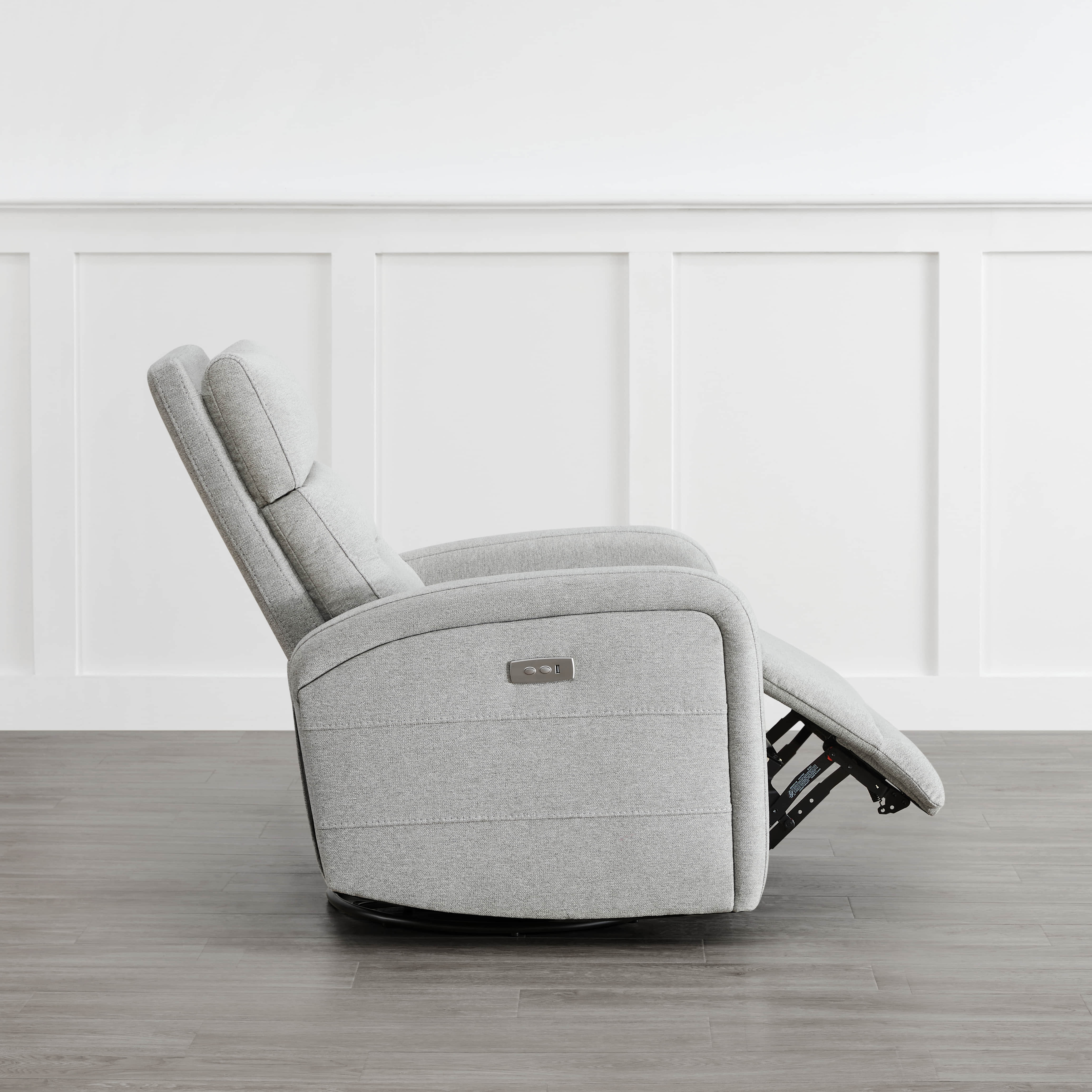 Side view of light gray Theo Power Swivel Glider Recliner with reclined position - CHITA Living