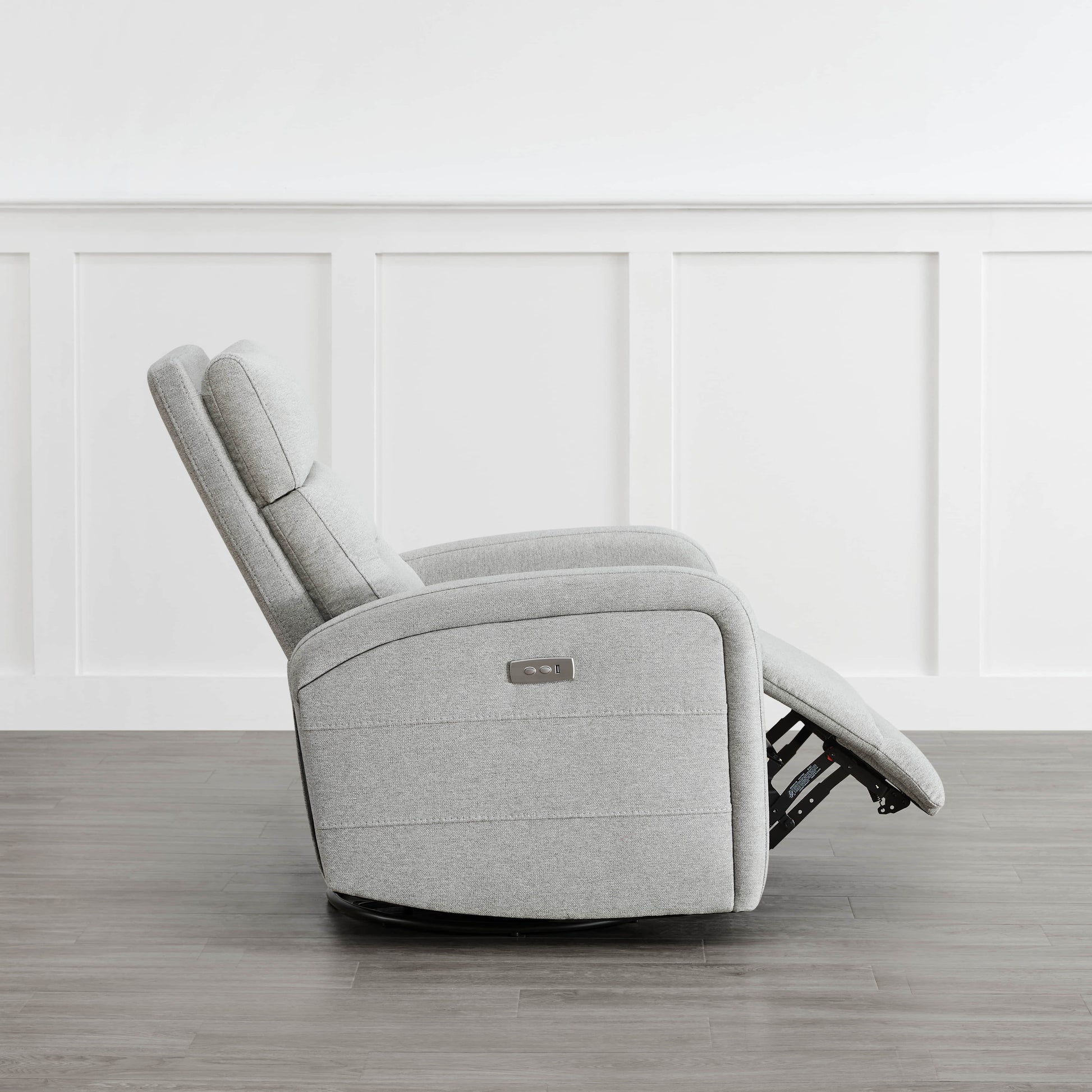Side view of light gray Theo Power Swivel Glider Recliner with reclined position - CHITA Living
