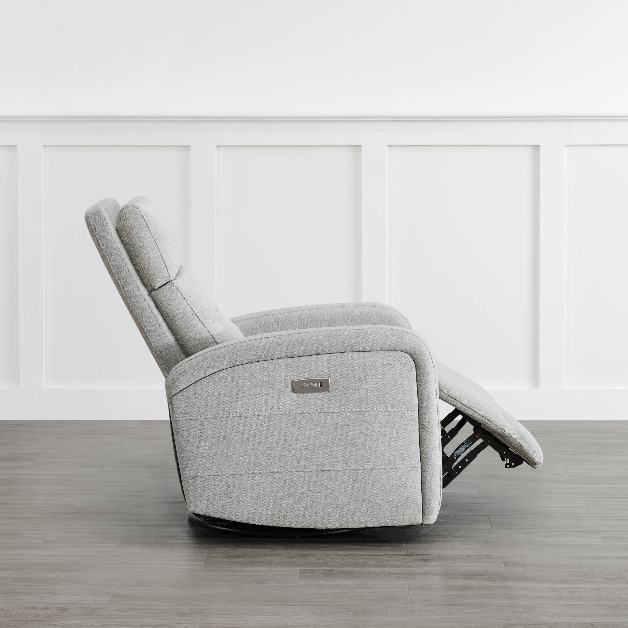 Side view of light gray Theo Power Swivel Glider Recliner with reclined position - CHITA Living