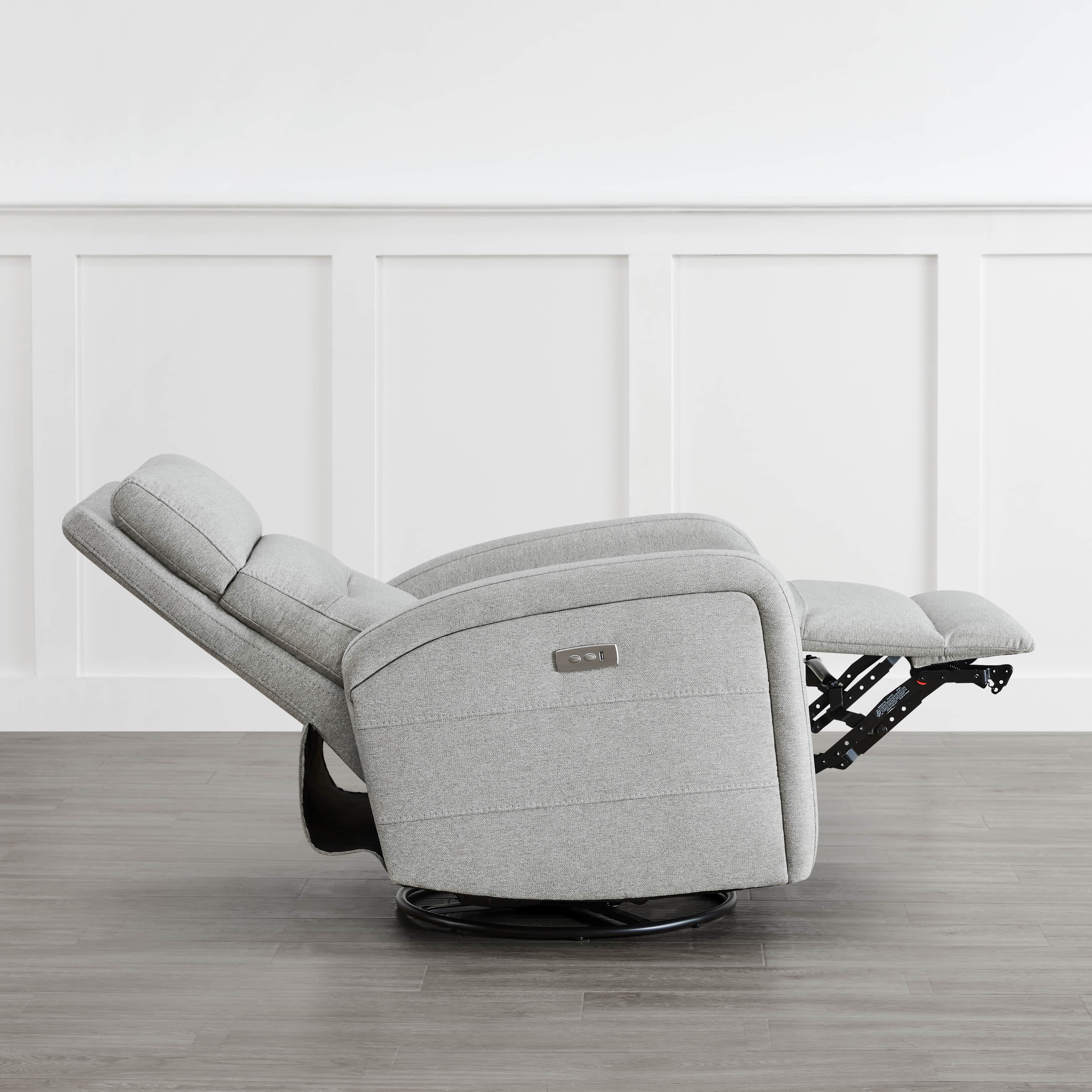 Light gray Theo Power Swivel Glider Recliner in reclined position with side control panel - CHITA Living