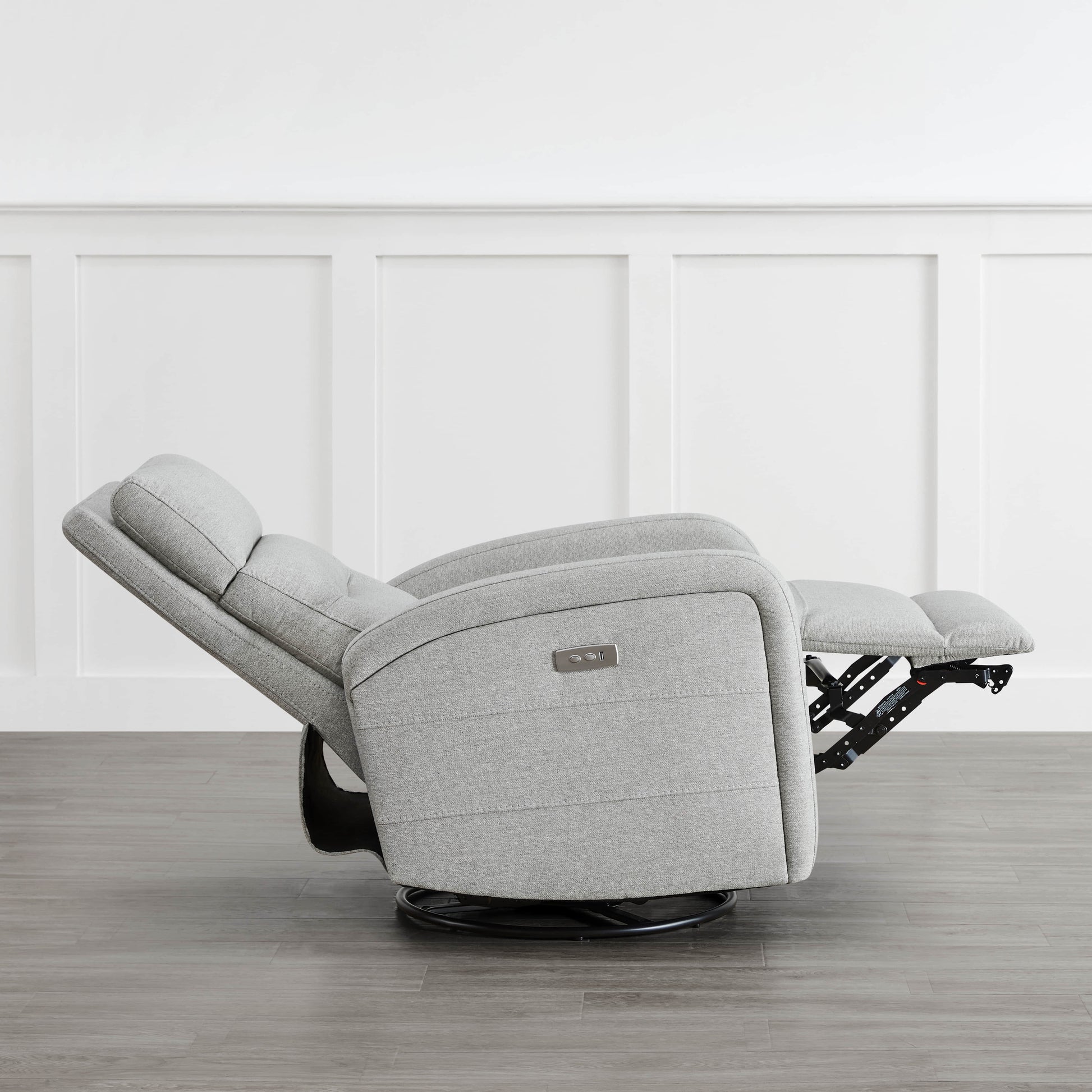 Light gray Theo Power Swivel Glider Recliner in reclined position with side control panel - CHITA Living