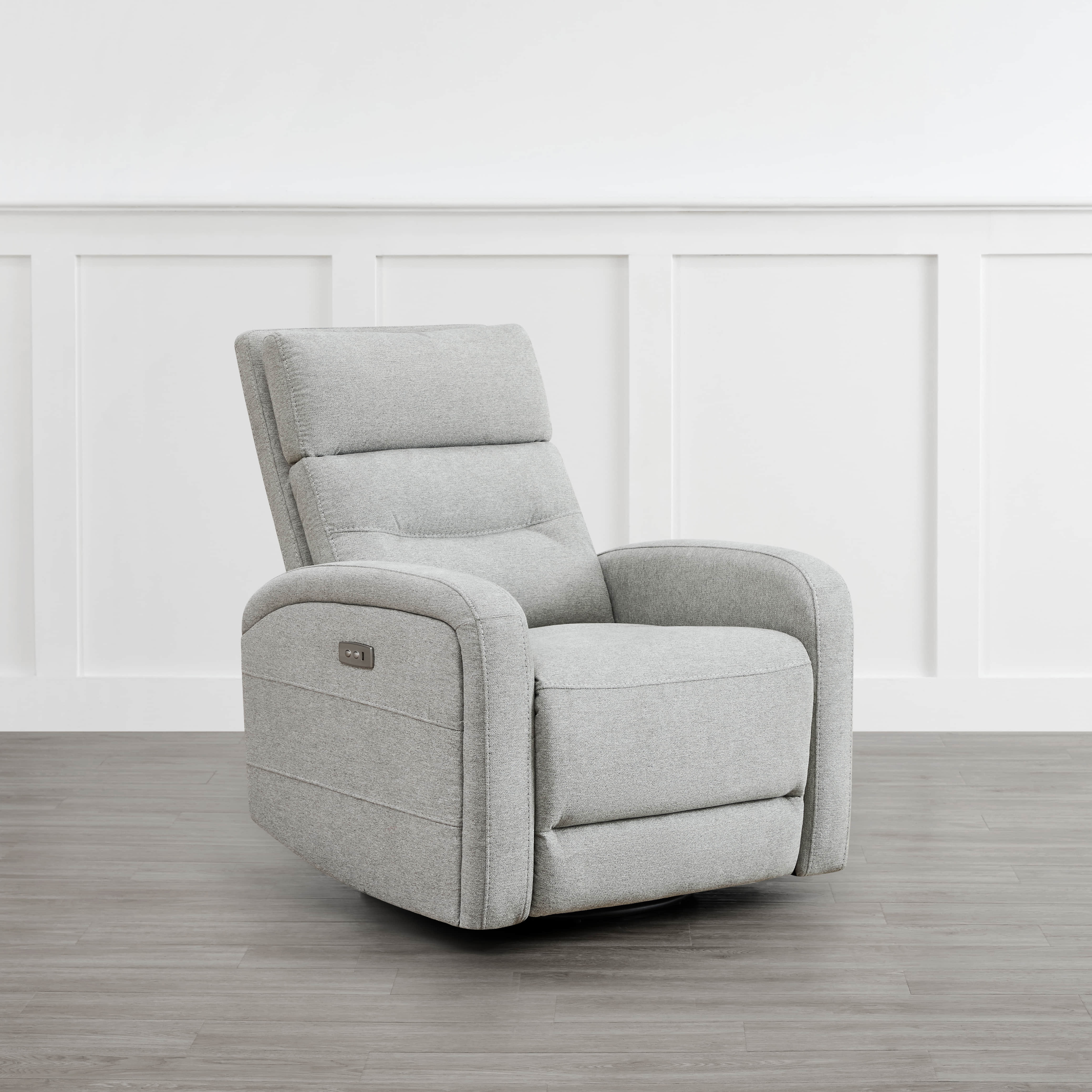 Light gray Theo Power Swivel Glider Recliner with sleek design and side controls - CHITA Living