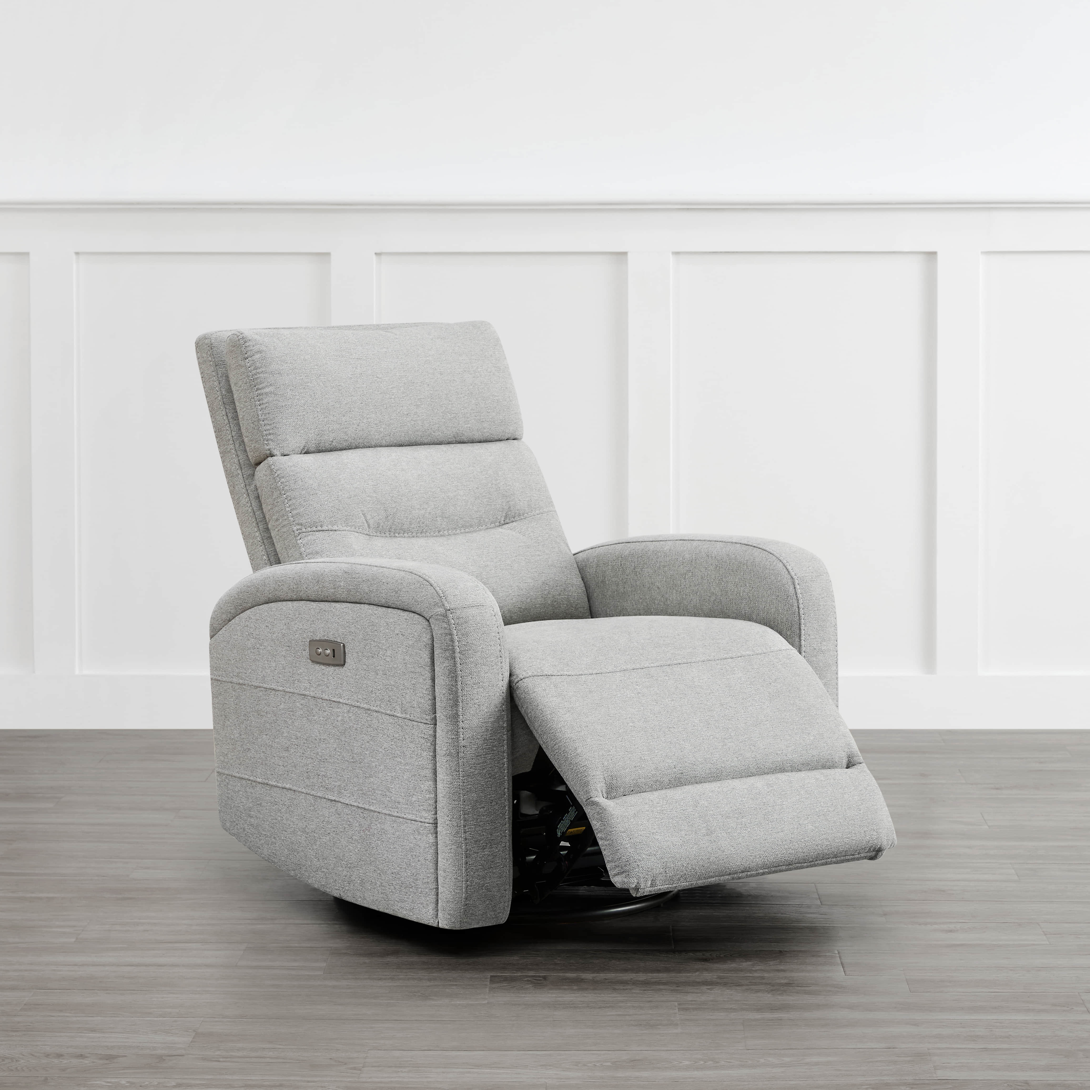 Light gray Theo Power Swivel Glider Recliner with plush fabric and extended footrest - CHITA Living