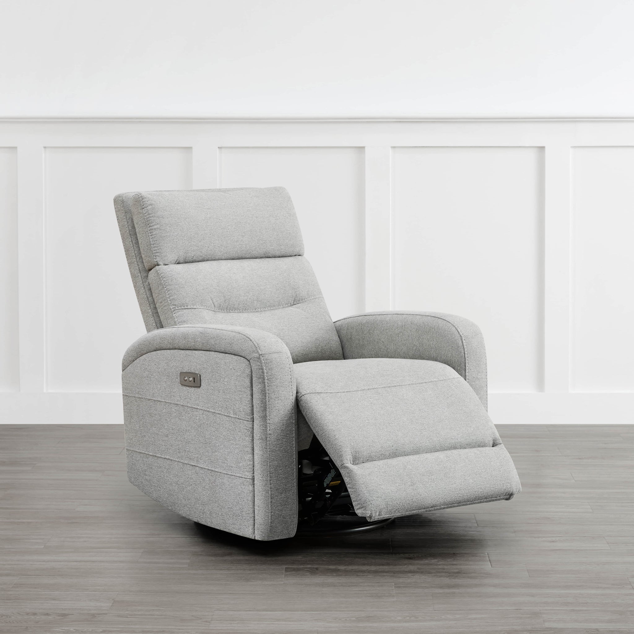 Light gray Theo Power Swivel Glider Recliner with plush fabric and extended footrest - CHITA Living