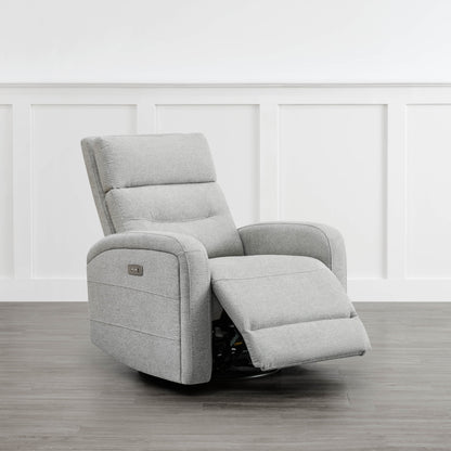 Light gray Theo Power Swivel Glider Recliner with plush fabric and extended footrest - CHITA Living
