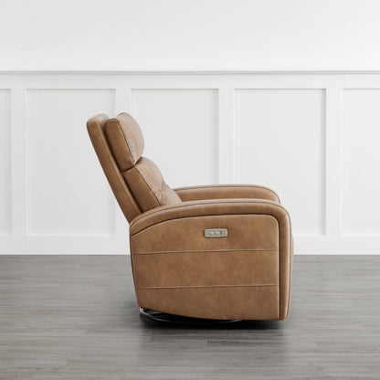 Brown Theo Power Swivel Glider Recliner side view, highlighting sleek design and swivel functionality - CHITA Living