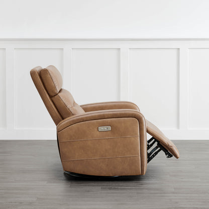 Side view of Theo Power Swivel Glider Recliner in warm brown with extended footrest - CHITA Living