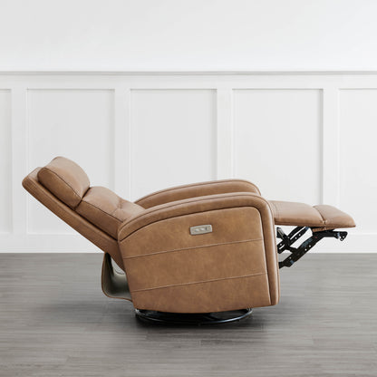 Brown Theo Power Swivel Glider Recliner in reclined position, showcasing sleek design and extended footrest - CHITA Living