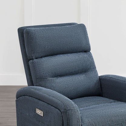 Close-up of dark blue Theo Power Swivel Glider Recliner showcasing plush cushions and headrest - CHITA Living