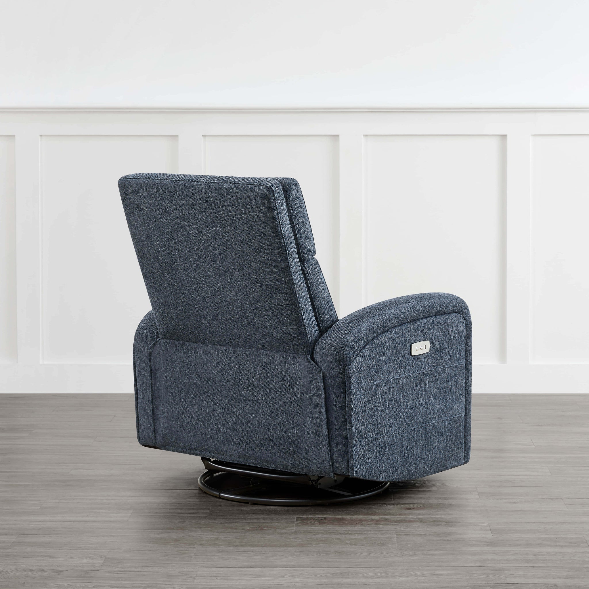 Dark blue Theo Power Swivel Glider Recliner in reclined position with sleek swivel design - CHITA Living