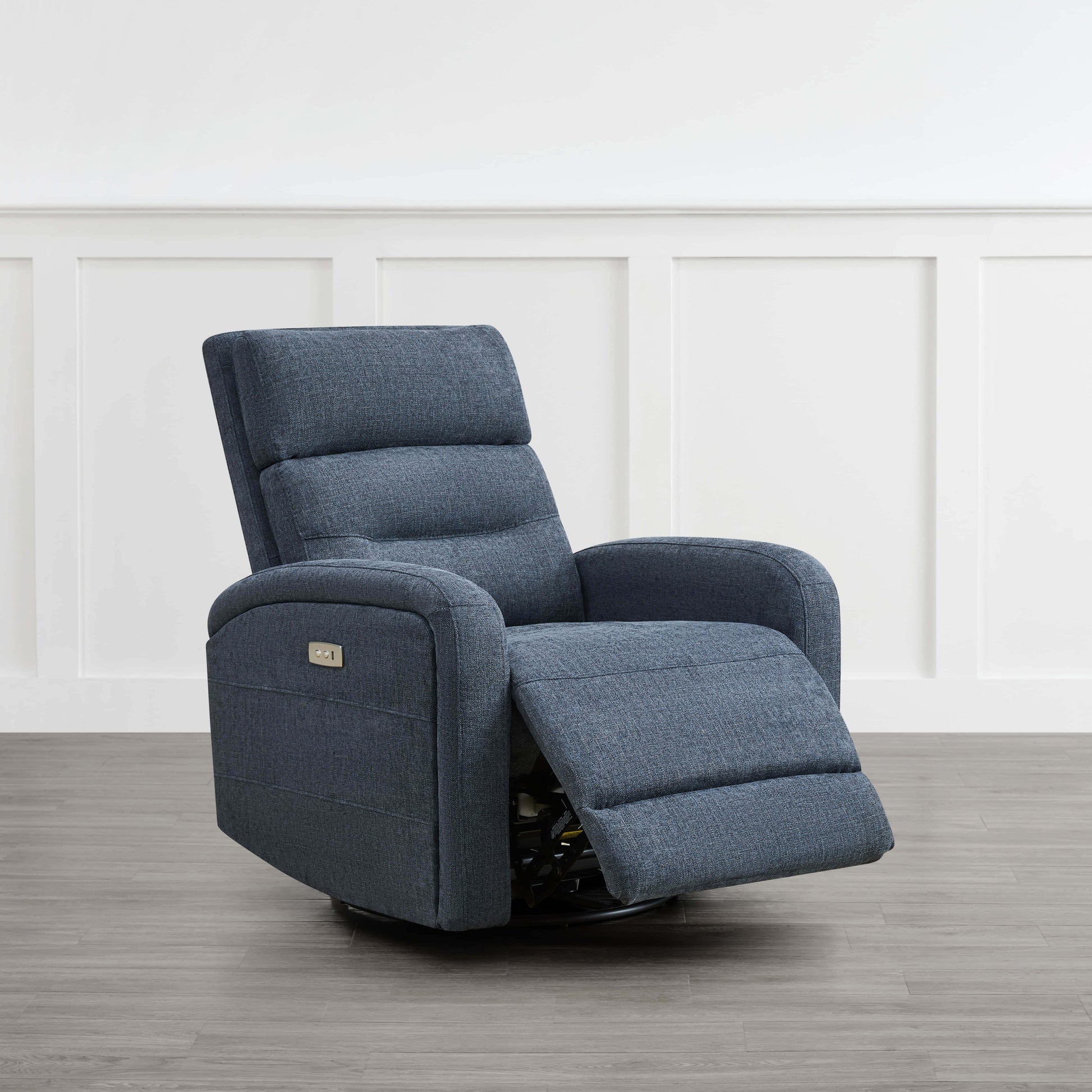 Dark blue Theo Power Swivel Glider Recliner with extended footrest in upright position - CHITA Living
