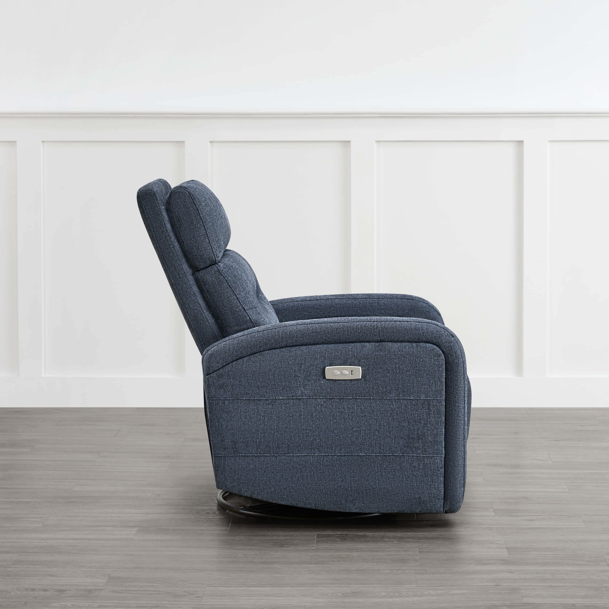 Dark blue Theo Power Swivel Glider Recliner in upright position showcasing sleek design - CHITA Living