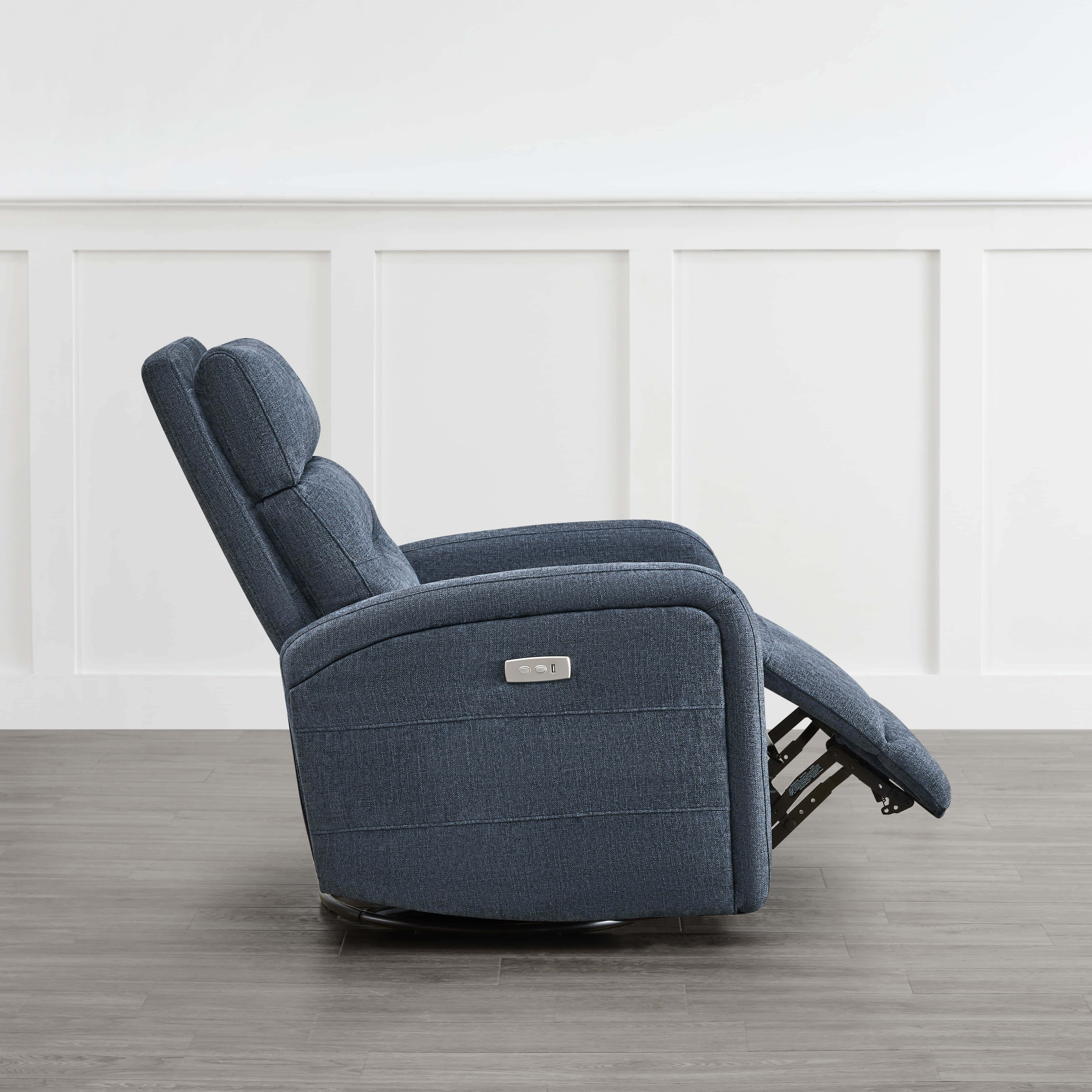 Dark blue Theo Power Swivel Glider Recliner in side view, showcasing sleek design and reclining feature - CHITA Living