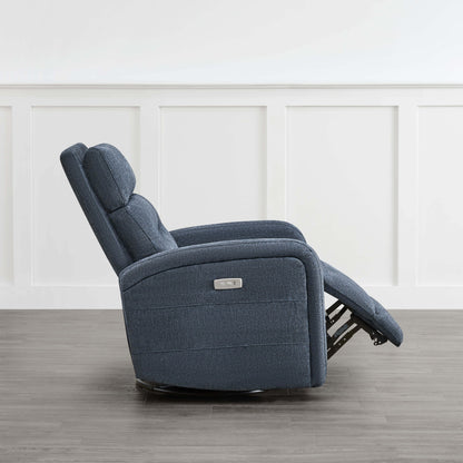 Dark blue Theo Power Swivel Glider Recliner in side view, showcasing sleek design and reclining feature - CHITA Living