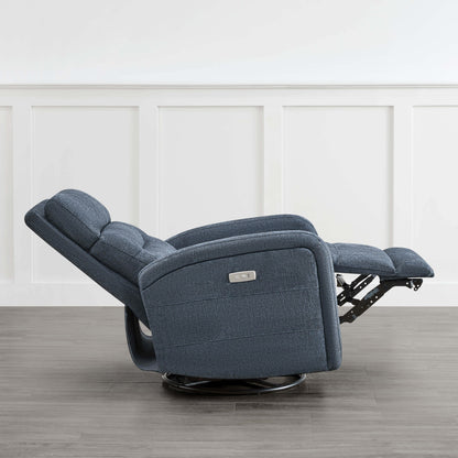 Dark blue Theo Power Swivel Glider Recliner in side view, featuring a reclined position and extended footrest - CHITA Living