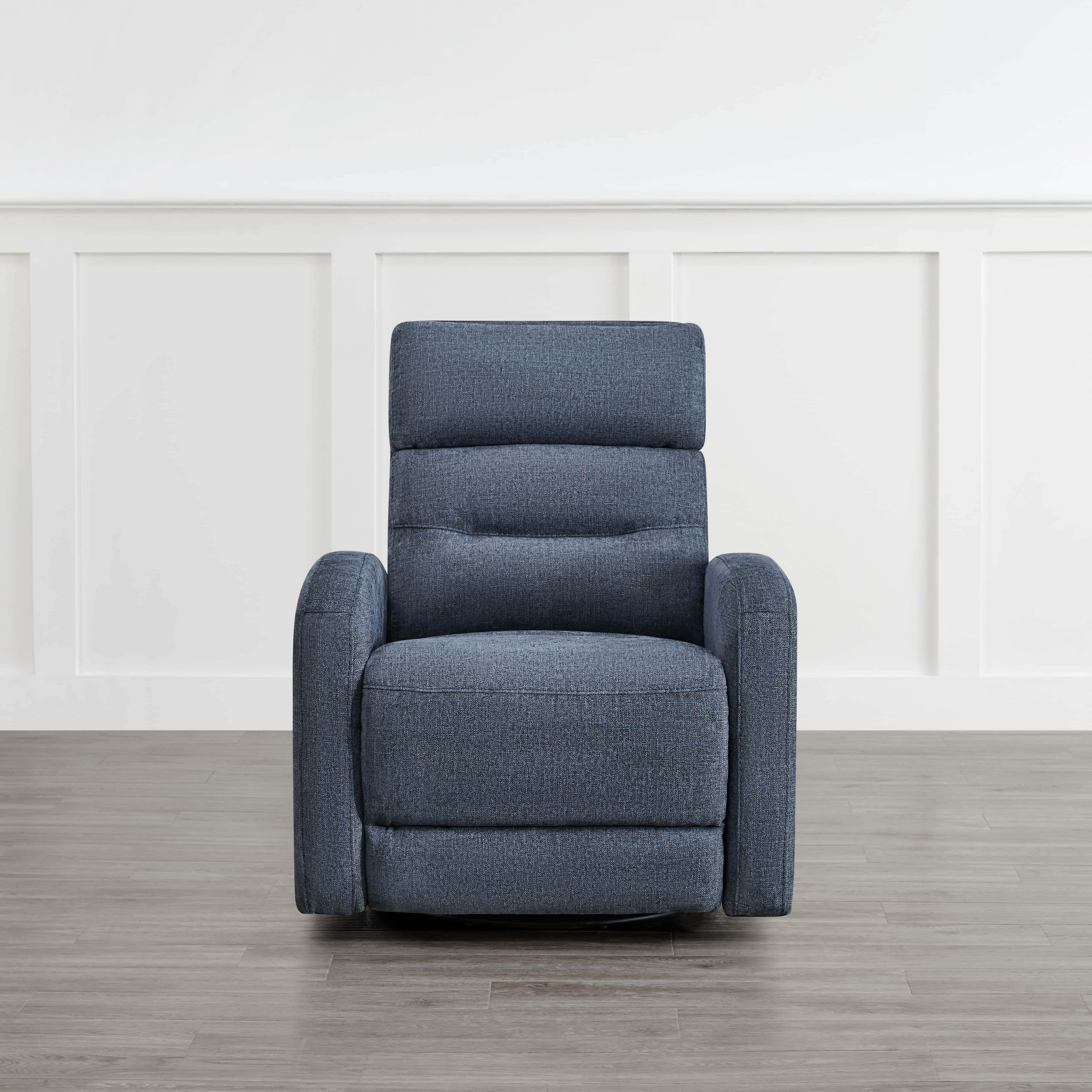 Dark blue Theo Power Swivel Glider Recliner in upright position, showcasing sleek design - CHITA Living